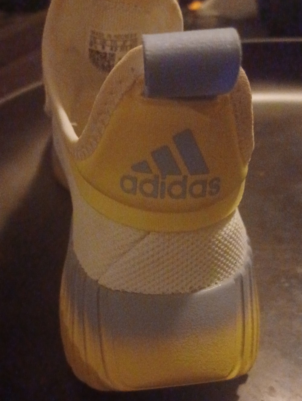 adidas Kaptir Flow White Sneakers w/ Light Blue Stripes and Yellow Gradient Sole - Picture 3 of 11